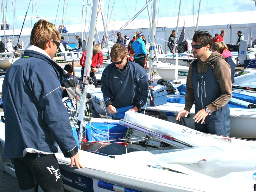 US Coach Romain Bonnaud with Nick Martin and Adam Roberts (c) USSTAG - Perth 2011 ISAF Sailing World Championships © Shauna McGee Kinney